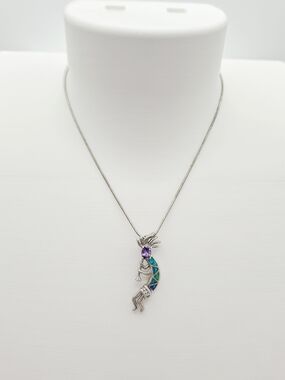 Sterling Silver Kokopelli Pendant Necklace w/ Amethyst Tanzanite, Fire Blue Opal